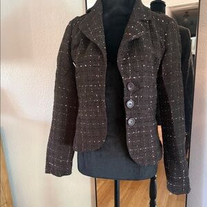 Cropped Black Tweed Blazer with Pink Accent Thread